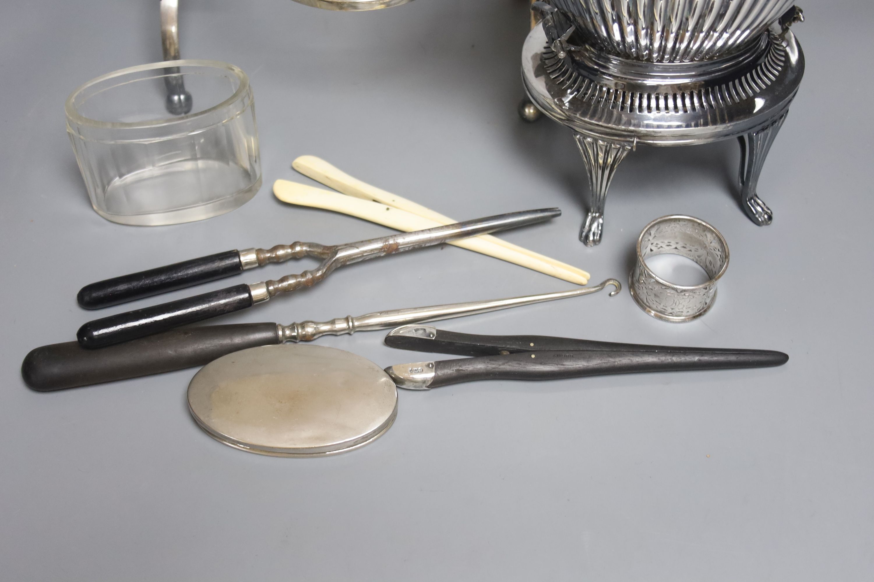 A Victorian spirit kettle, plate, frame and sundries